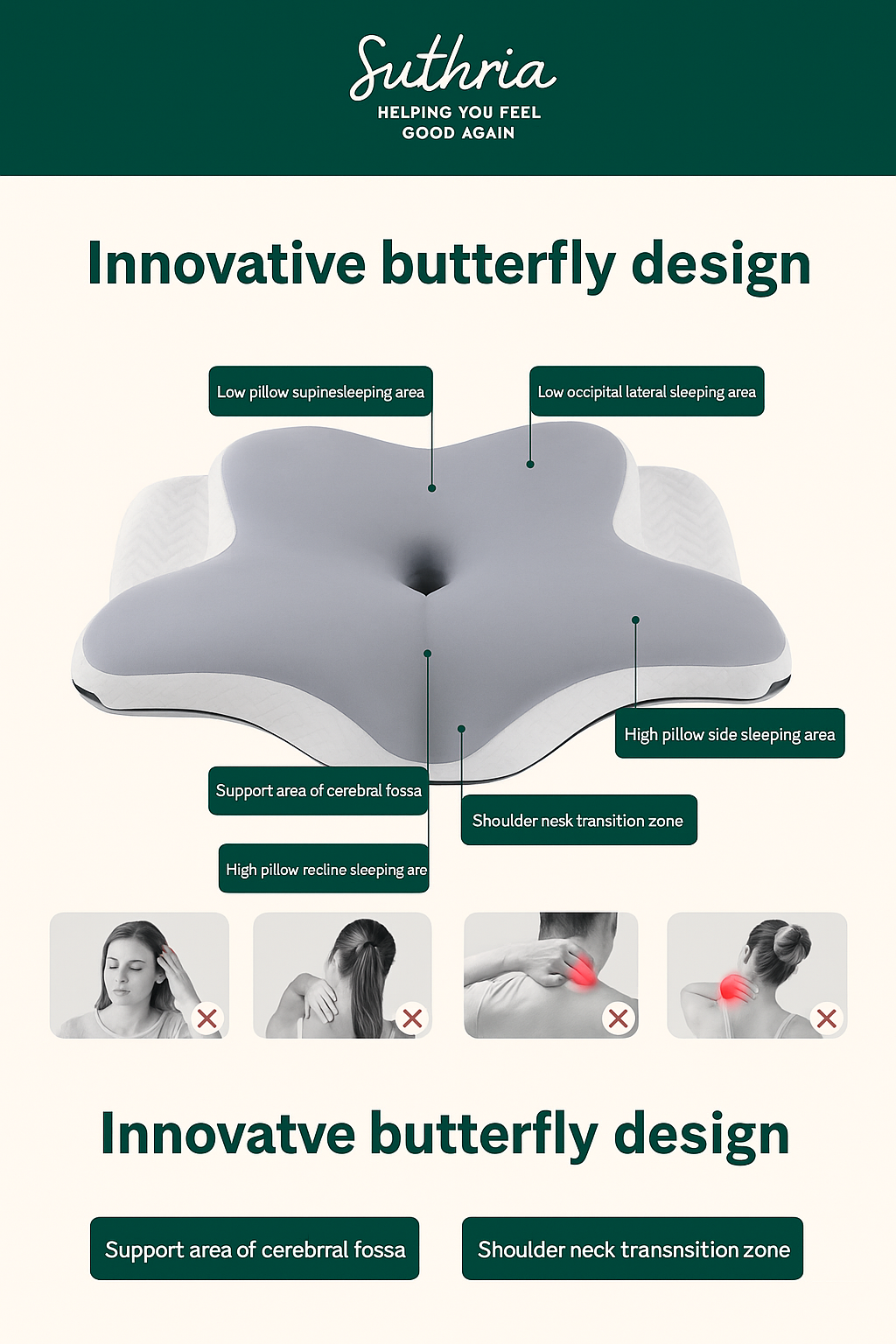 Suthria Ergonomic Butterfly Cervical Pillow – Memory Foam Neck & Shoulder Support for Side, Back & Stomach Sleepers